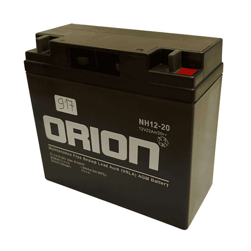 Batteries demarrage 12V, 20Ah, 275A EN, dim. 181x76x167 mm, borne positive a droite, SLA, acide/plomb, ORION