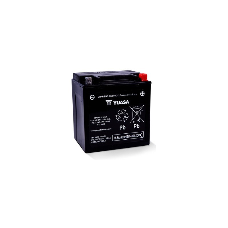 Batteries demarrage 12V, 30Ah, 400A EN, dim. 166x126x176 mm, borne positive a droite, AGM, acide/plomb, YUASA