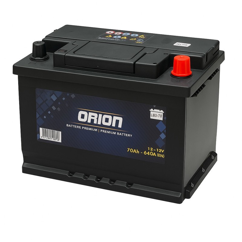 Batteries demarrage 12V, 70Ah, 640A EN, dim. 278x175x175 mm, borne positive a droite, Standard, acide/plomb, ORION
