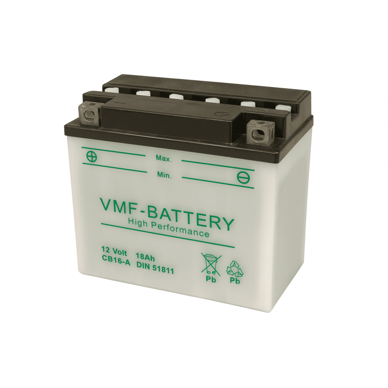 Batteries demarrage 12V, 18Ah, 215A EN, dim. 180x90x162 mm, borne positive a gauche, pack acide, acide/plomb