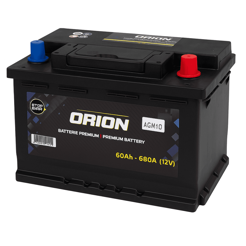 Batteries demarrage 12V, 60Ah, 680A EN, dim. 242x175x190 mm, borne positive a droite, AGM, acide/plomb, ORION
