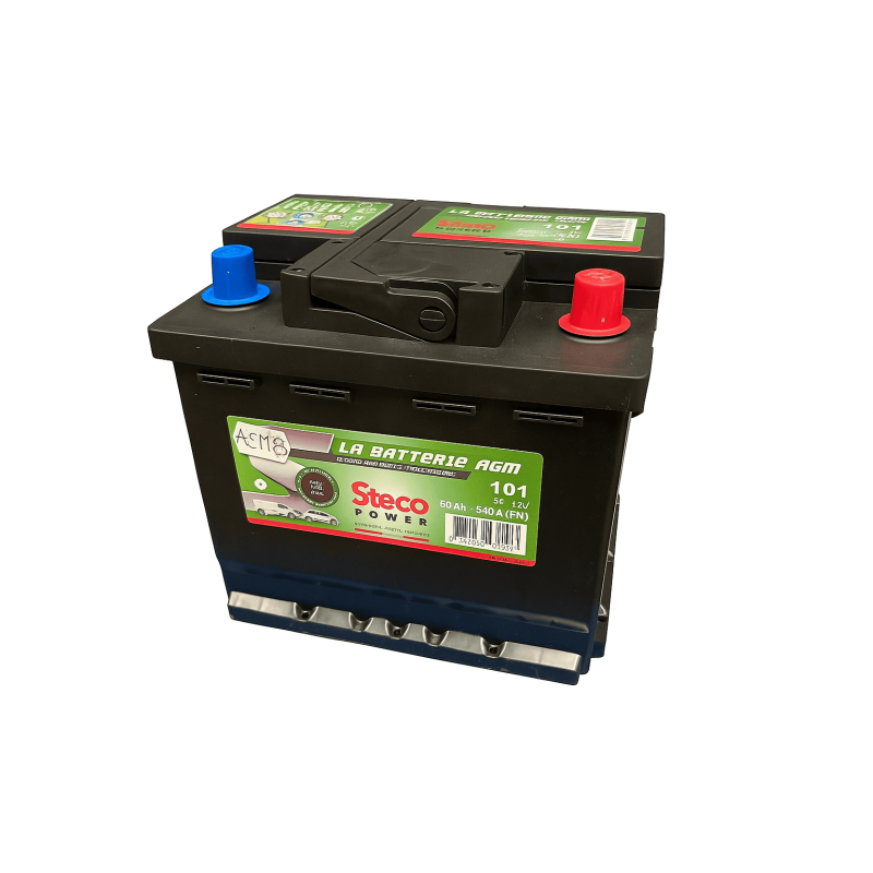 Batteries demarrage 12V, 55Ah, 550A EN, dim. 207x175x190 mm, borne positive a droite, AGM, acide/plomb, STECO POWER
