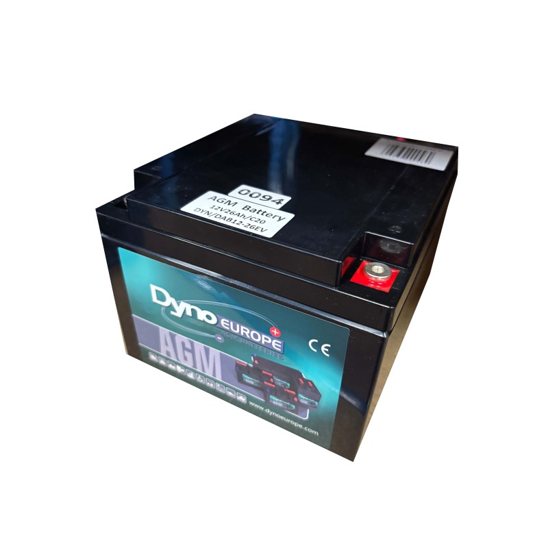 Batteries alimentation 12V, 26Ah, dim. 166x175x125 mm, borne positive a droite, AGM VRLA, acide/plomb, DYNO EUROPE