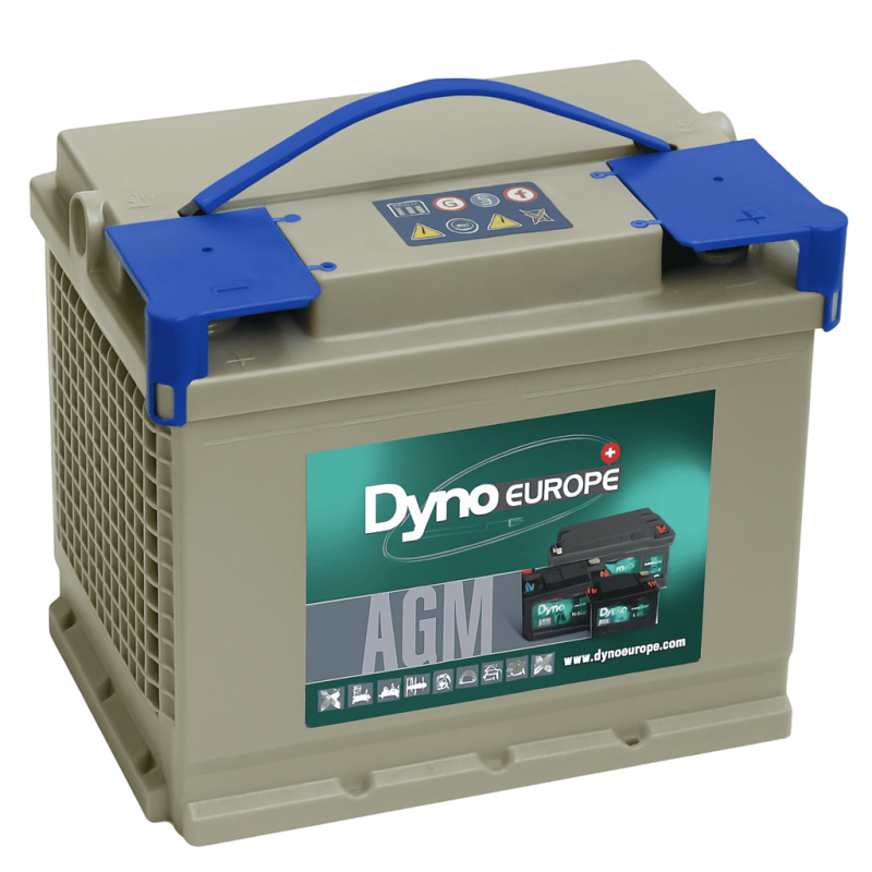 Batteries alimentation 12V, 60Ah, dim. 242x175x190 mm, borne positive a droite, AGM, acide/plomb, DYNO EUROPE