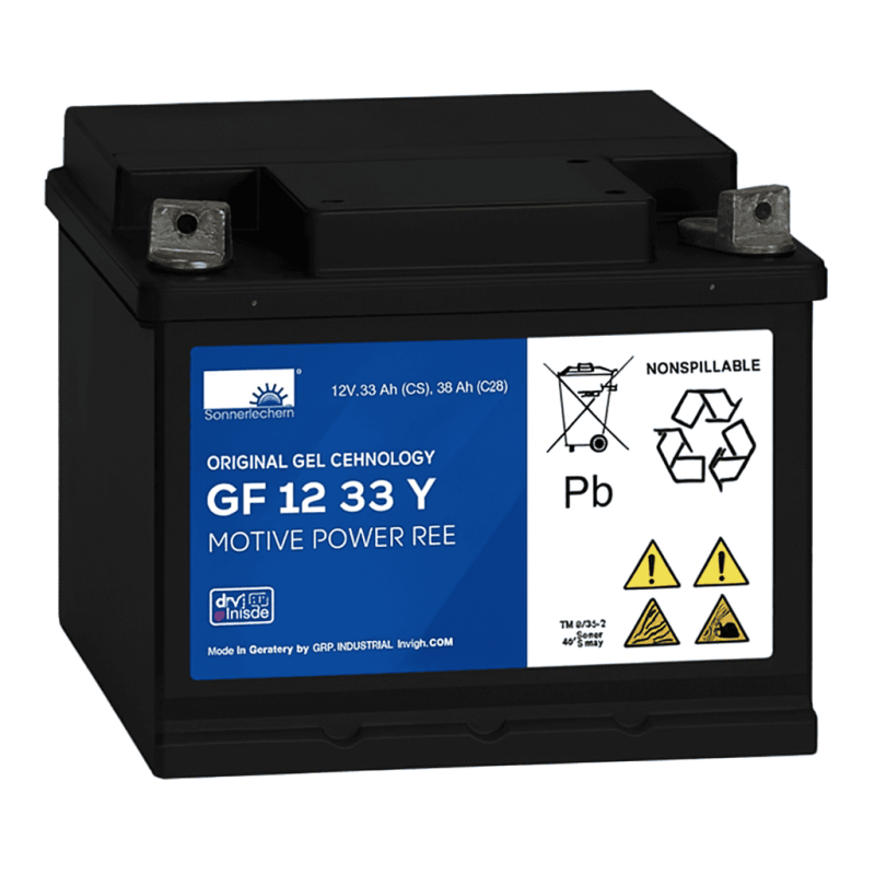 Batteries alimentation 12V, 38Ah, dim. 210x175x175 mm, borne positive a droite, gel, acide/plomb gel, SONNENSCHEIN