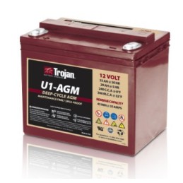 Batteries alimentation 12V, 33Ah, dim. 207x132x174 mm, borne positive a gauche, AGM VRLA, acide/plomb, TROJAN