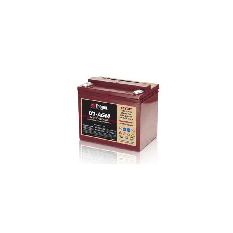Batteries alimentation 12V, 33Ah, dim. 207x132x174 mm, borne positive a gauche, AGM VRLA, acide/plomb, TROJAN