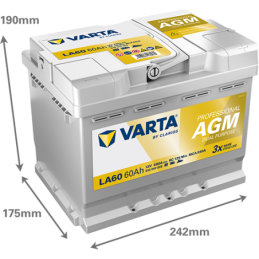 Batteries alimentation 12V, 60Ah, dim. 242x175x190 mm, borne positive a droite, AGM, acide/plomb, VARTA