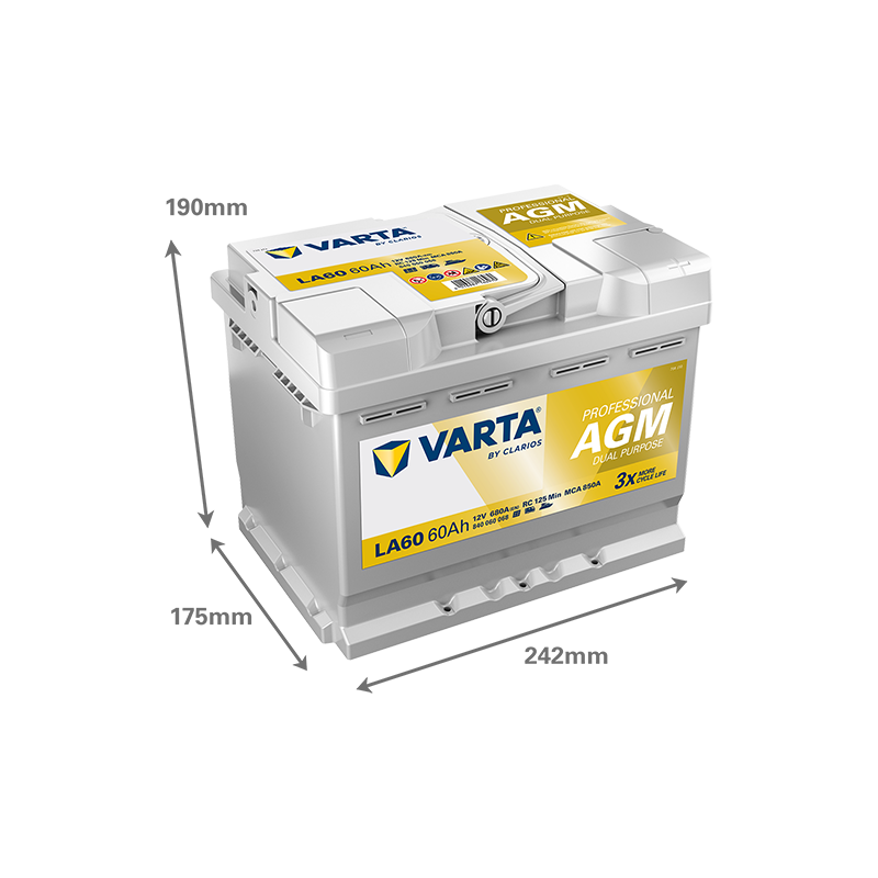Batteries alimentation 12V, 60Ah, dim. 242x175x190 mm, borne positive a droite, AGM, acide/plomb, VARTA