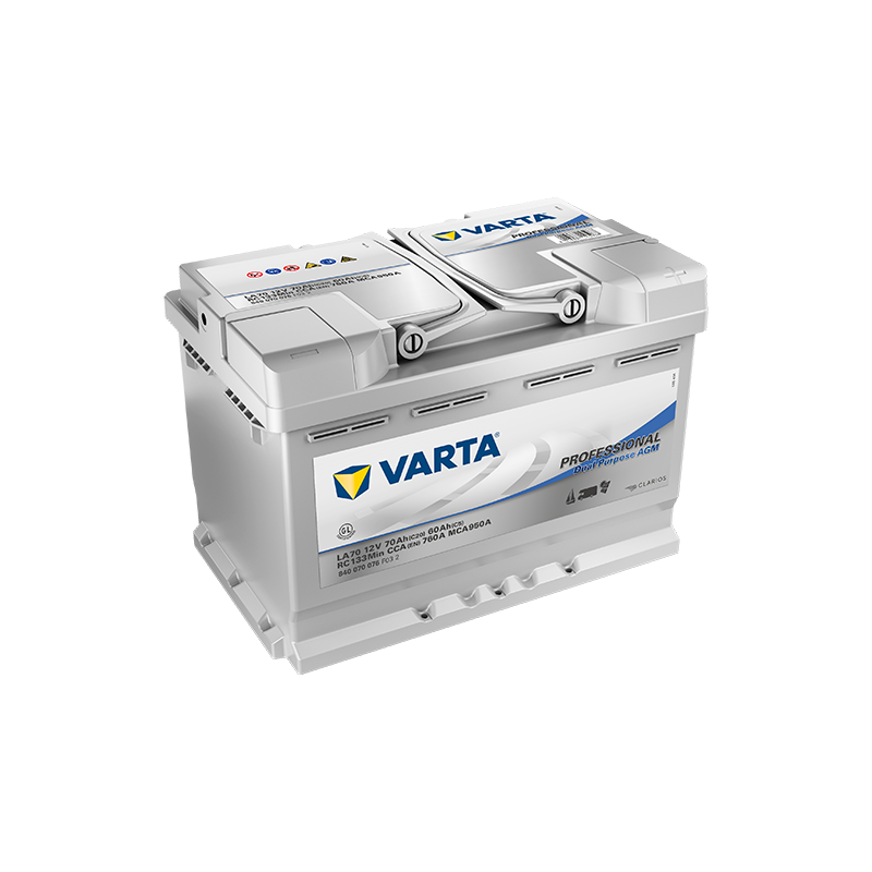 Batteries alimentation 12V, 70Ah, dim. 278x175x190 mm, borne positive a droite, AGM, acide/plomb, VARTA