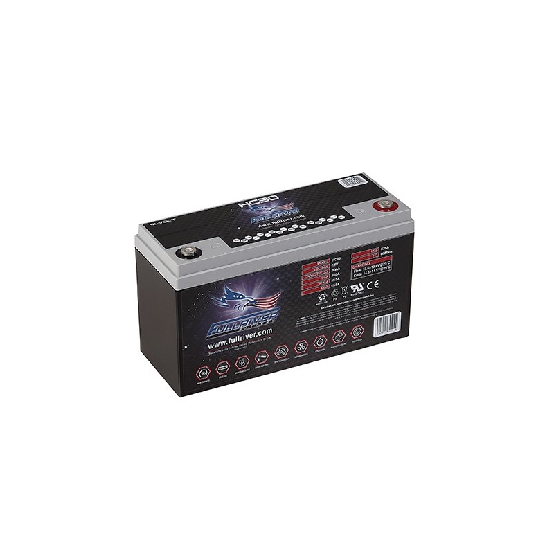 Batteries demarrage 12V, 30Ah, dim. 250x97x156 mm, borne positive a droite, AGM, acide/plomb, FULL RIVER