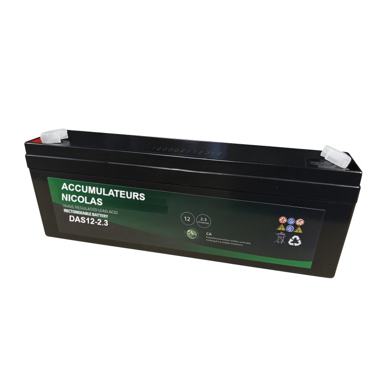 Batteries alimentation 12V, 2Ah, dim. 177x35x60 mm, borne positive a gauche, AGM VRLA, acide/plomb, DYNO EUROPE