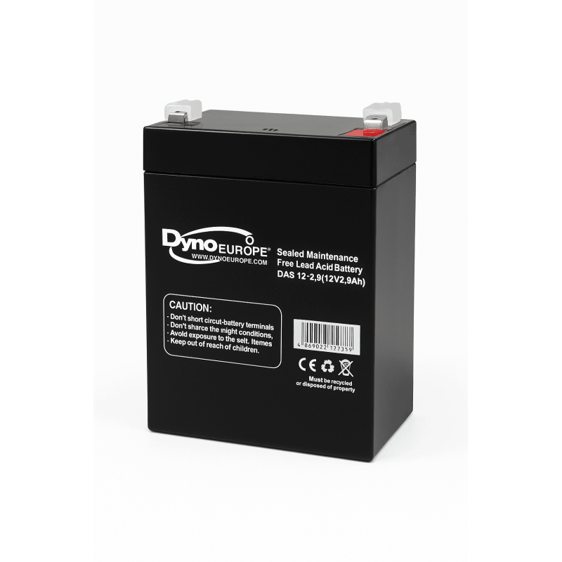 Batteries alimentation 12V, 3Ah, dim. 79x55x105 mm, borne positive a droite, AGM VRLA, acide/plomb, DYNO EUROPE