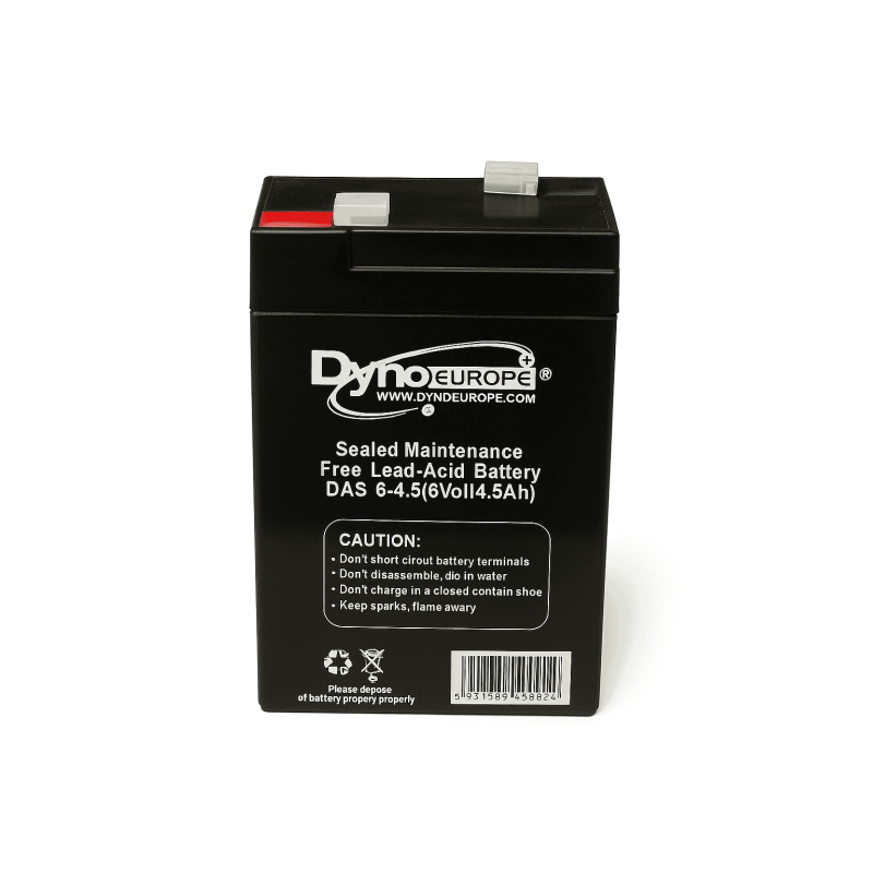 Batteries alimentation 6V, 4Ah, dim. 70x47x105 mm, bornes en diagonale, AGM VRLA, acide/plomb, DYNO EUROPE