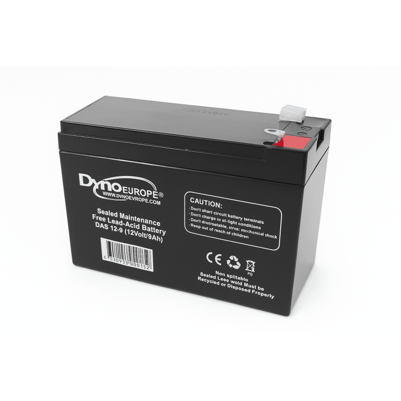 Batteries alimentation 12V, 9Ah, dim. 151x65x98 mm, borne positive a gauche, AGM VRLA, acide/plomb, DYNO EUROPE