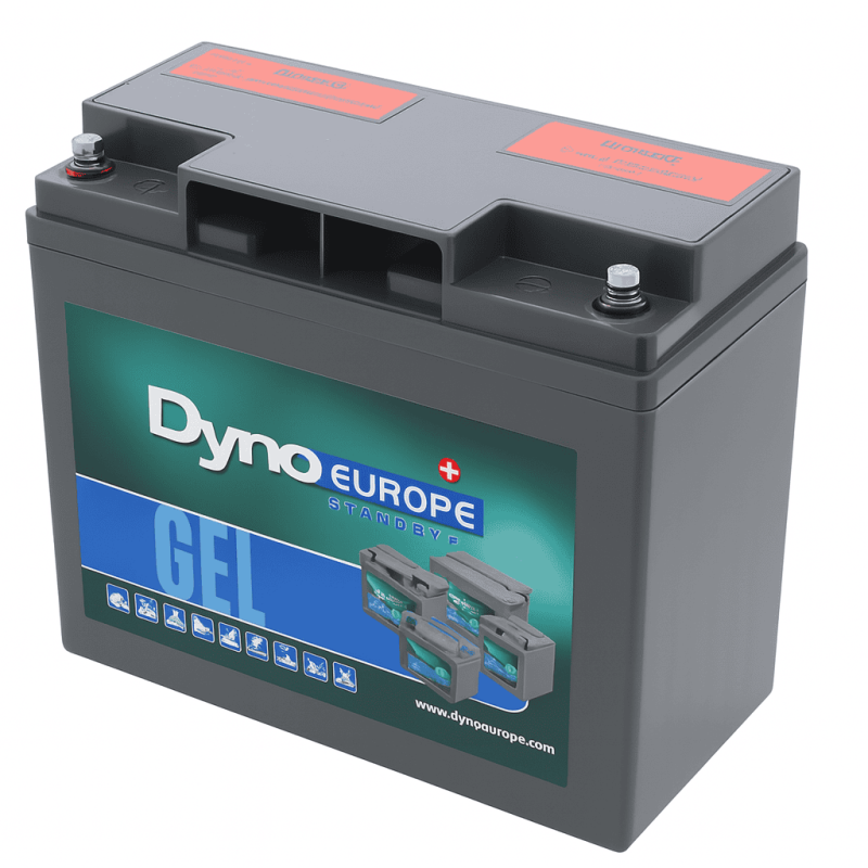 Batteries alimentation 12V, 18Ah, dim. 181x76x167 mm, borne positive a droite, gel, acide/plomb gel, DYNO EUROPE