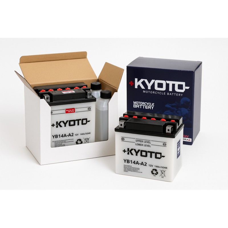 Batteries demarrage 12V, 14Ah, 175A EN, dim. 135x89x176 mm, borne positive a gauche, pack acide, acide/plomb, KYOTO