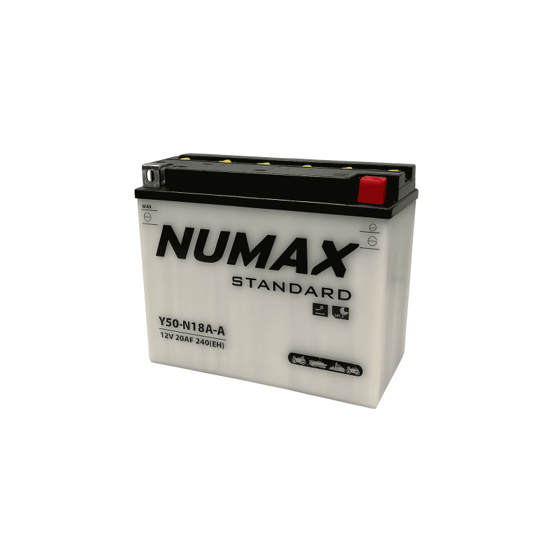 Batteries demarrage 12V, 20Ah, 240A EN, dim. 206x92x166 mm, borne positive a gauche, pack acide, acide/plomb, NUMAX