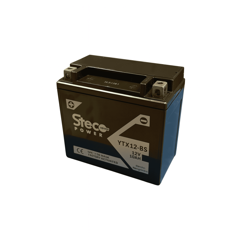 Batteries demarrage 12V, 10Ah, 185A EN, dim. 150x87x131 mm, borne positive a gauche, AGM, acide/plomb, STECO POWER