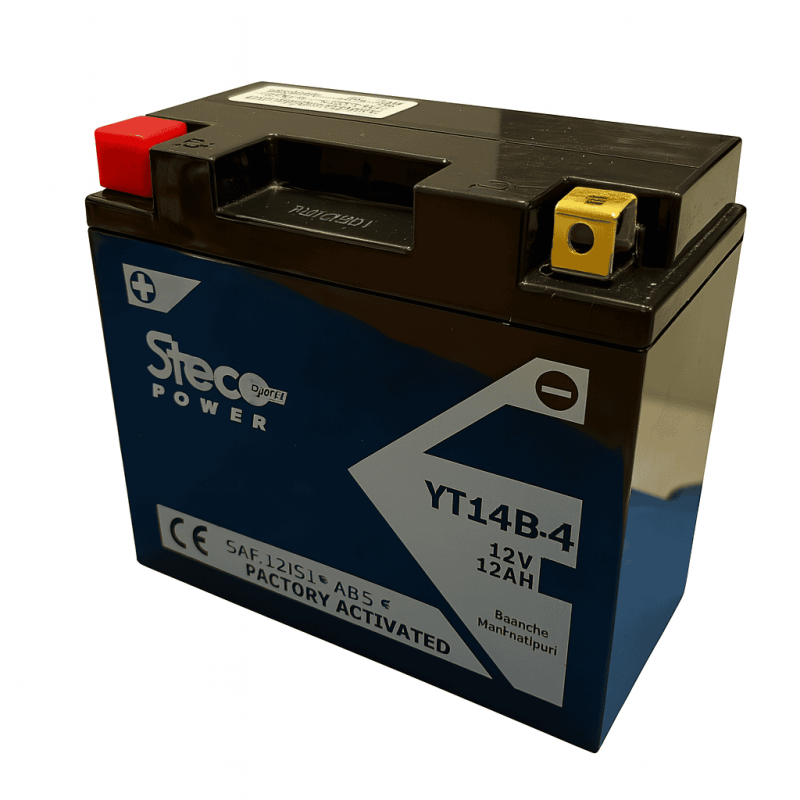 Batteries demarrage 12V, 12Ah, 210A EN, dim. 150x69x145 mm, borne positive a gauche, SLA, acide/plomb, STECO POWER