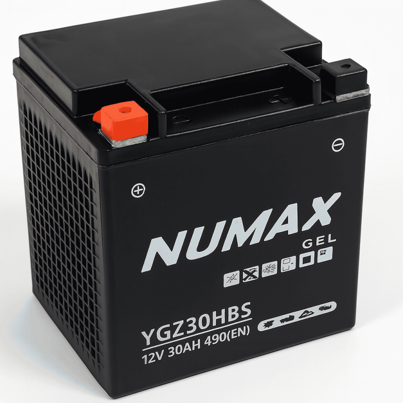 Batteries demarrage 12V, 30Ah, 490A EN, dim. 166x130x175 mm, borne positive a gauche, gel, acide/plomb gel, NUMAX