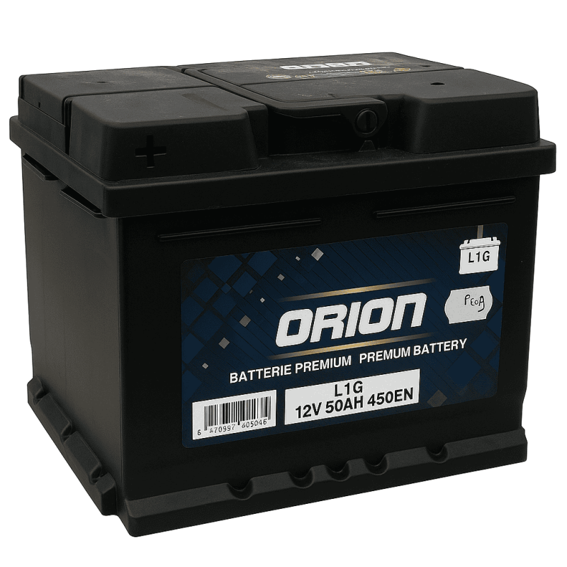 Batteries demarrage 12V, 50Ah, 450A EN, dim. 207x175x190 mm, borne positive a gauche, Standard, acide/plomb, ORION