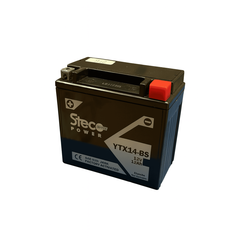 Batteries demarrage 12V, 14Ah, 200A EN, dim. 150x87x145 mm, borne positive a gauche, AGM, acide/plomb, STECO POWER