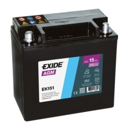 Batteries demarrage 12V, 15Ah, 200A EN, dim. 150x90x145 mm, borne positive a gauche, AGM, acide/plomb, EXIDE