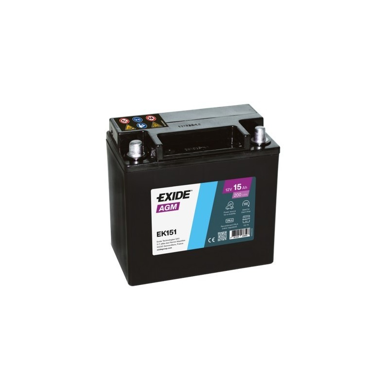 Batteries demarrage 12V, 15Ah, 200A EN, dim. 150x90x145 mm, borne positive a gauche, AGM, acide/plomb, EXIDE
