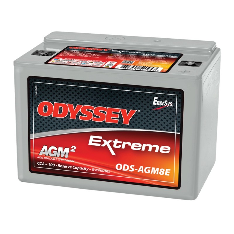 Batteries demarrage 12V, 8Ah, 100A EN, dim. 137x86x99 mm, borne positive a droite, AGM, acide/plomb, ODYSSEY