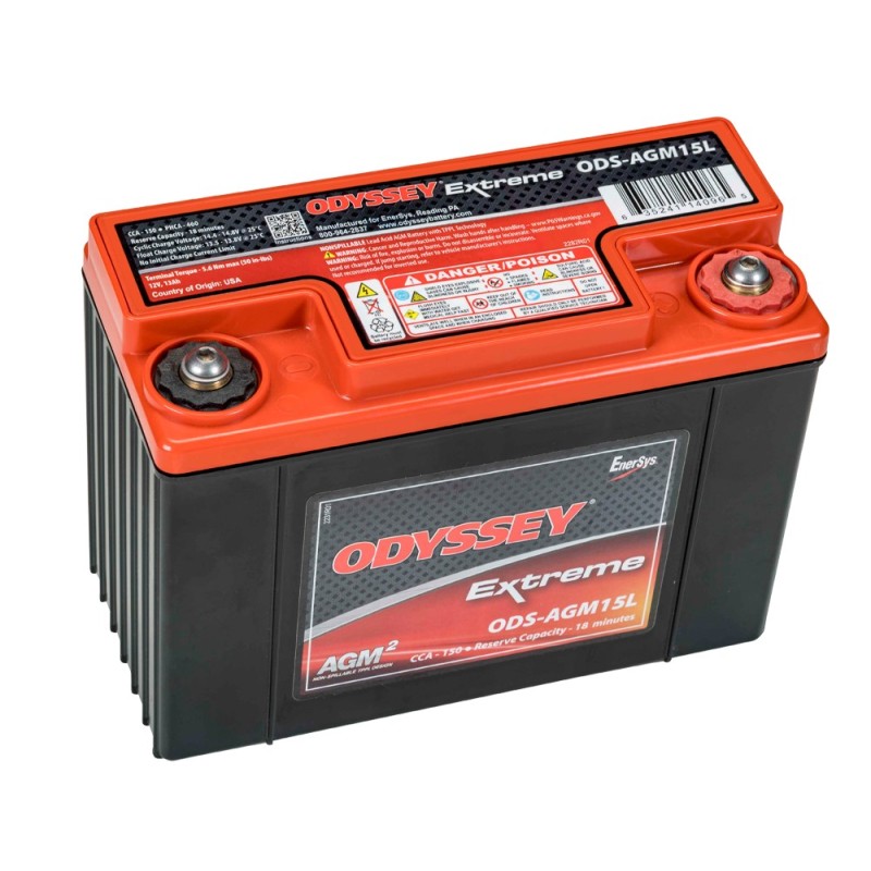 Batteries demarrage 12V, 13Ah, 150A EN, dim. 178x86x131 mm, borne positive a droite, AGM, acide/plomb, ODYSSEY