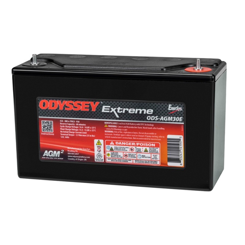 Batteries demarrage 12V, 28Ah, 400A EN, dim. 169x179x148 mm, borne positive a droite, AGM, acide/plomb, ODYSSEY