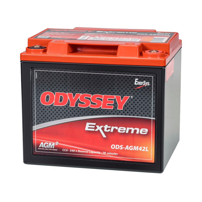 Batteries demarrage 12V, 42Ah, 540A EN, dim. 200x169x193 mm, borne positive a droite, AGM, acide/plomb, ODYSSEY