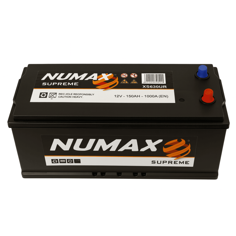 Batteries demarrage 12V, 150Ah, 1000A EN, dim. 509x175x210 mm, borne positive a gauche, SMF etanche, acide/plomb, NUMAX