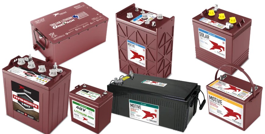 Batteries de marque Trojan solar motive lithium ranger lithium-ion AES AGM flooded lead acid AGM